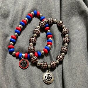 Rustic Cuff Red White and Blue Beaded Bracelets with Charms